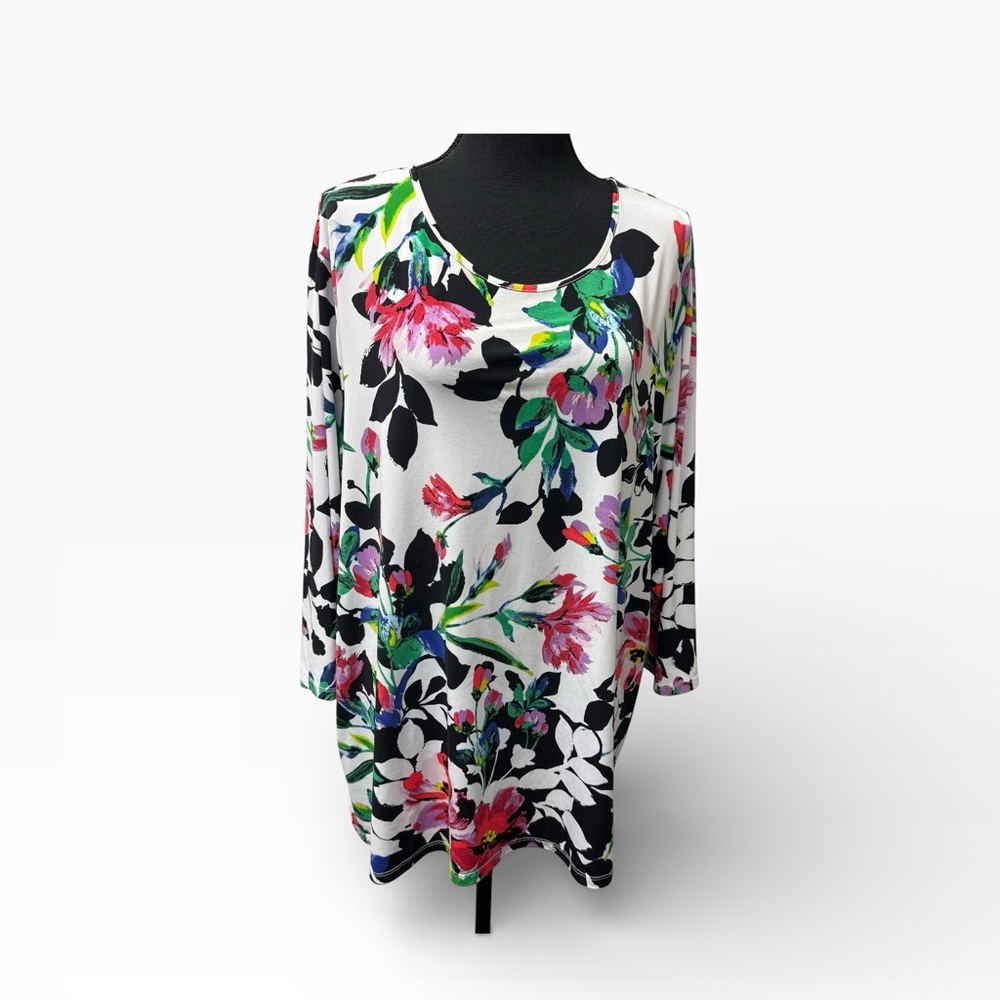 Allison Daley Floral Tunic Top White Black Multicolor Stretch Casual Chic